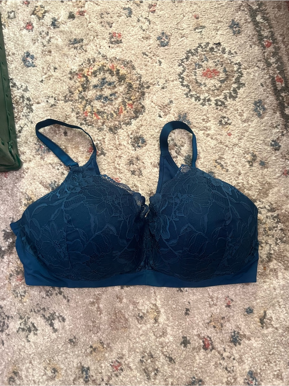 Lace-Overlay Wireless Bra in Teal Blue